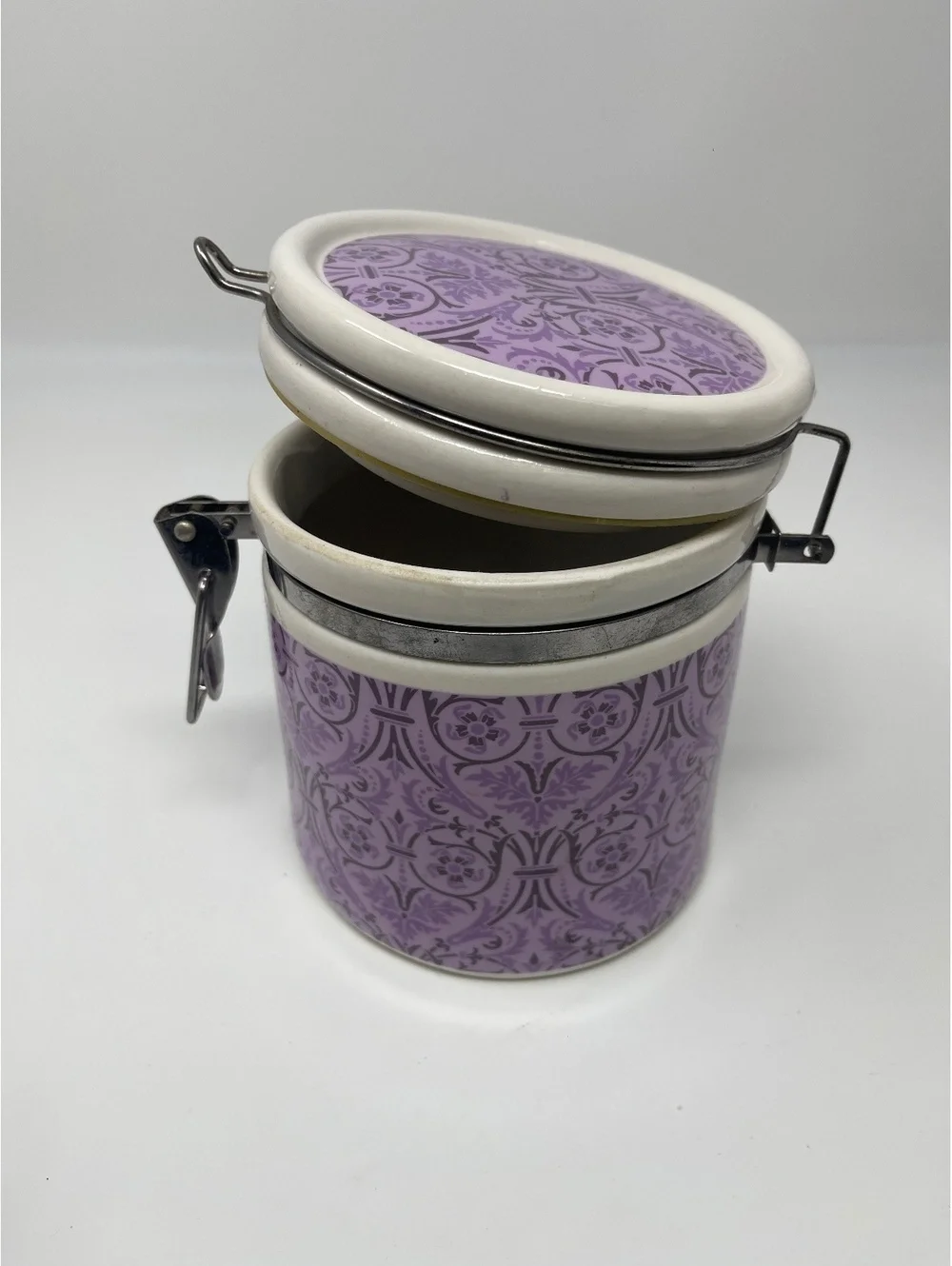Vintage Purple Floral Ceramic Jar Canister Storage Container Wire Metal Clamp